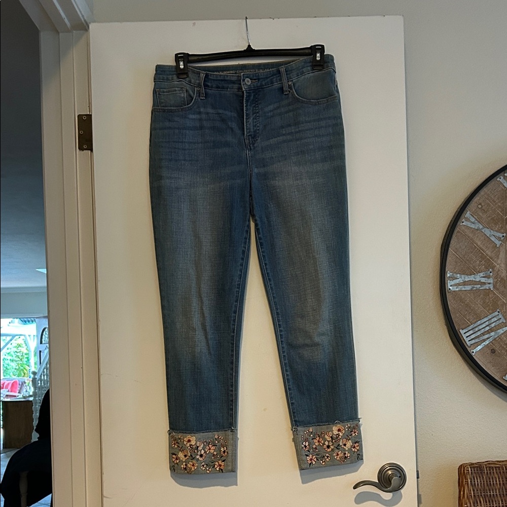 Chico's size 1.5 Blue Jeans with Floral Embroidered Cuffs
